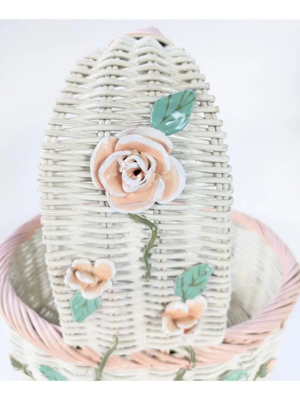 Vintage Cottage / Grandma Barbola Rose Gesso Painted Basket, White & Pink Wicker